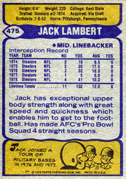 1979 Topps #475 Jack Lambert Back