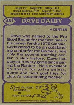 1979 Topps #481 Dave Dalby Back