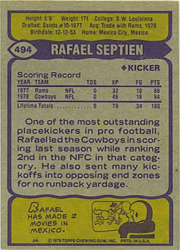 1979 Topps #494 Rafael Septien Back