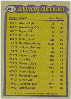 1979 Topps #507 Broncos Team Leaders / Checklist (Lonnie Perrin / Riley Odoms / Steve Foley / Bernard Jackson / Lyle Alzado) Back