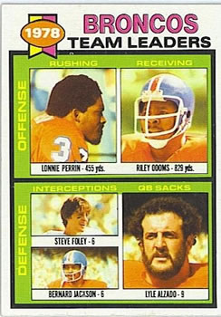 1979 Topps #507 Broncos Team Leaders / Checklist (Lonnie Perrin / Riley Odoms / Steve Foley / Bernard Jackson / Lyle Alzado) Front