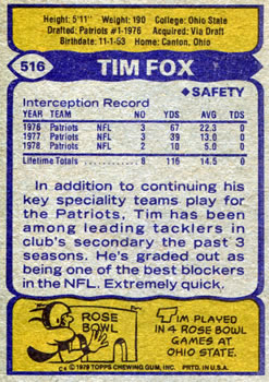 1979 Topps #516 Tim Fox Back