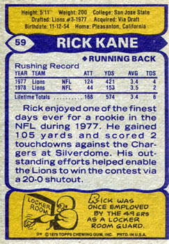 1979 Topps #59 Rick Kane Back