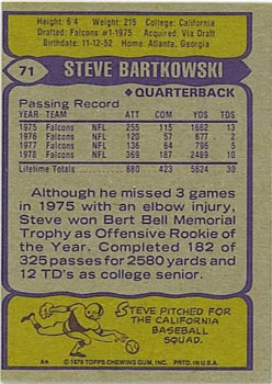 1979 Topps #71 Steve Bartkowski Back