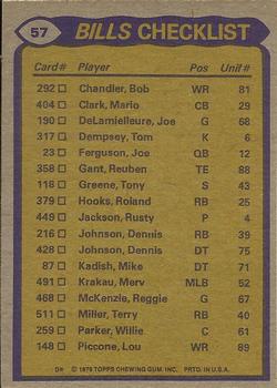 1979 Topps #57 Bills Team Leaders / Checklist (Terry Miller / Frank Lewis / Mario Clark / Lucius Sanford) Back