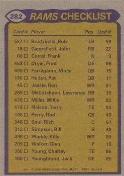 1979 Topps #282 Rams Team Leaders / Checklist (Cullen Bryant / Willie Miller / Rod Perry / Pat Thomas / Larry Brooks) Back