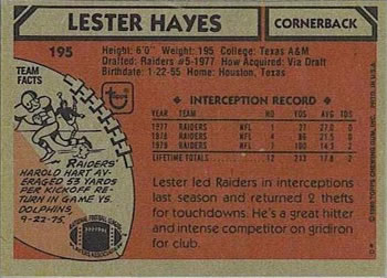 1980 Topps #195 Lester Hayes Back