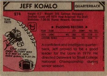 1980 Topps #274 Jeff Komlo Back