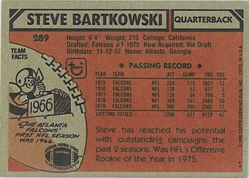 1980 Topps #289 Steve Bartkowski Back