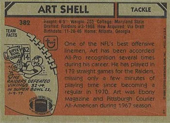 1980 Topps #382 Art Shell Back