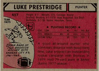 1980 Topps #427 Luke Prestridge Back