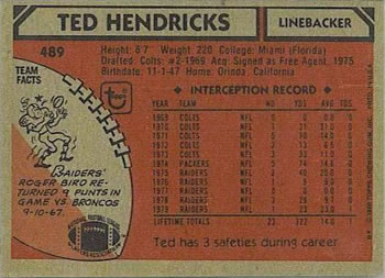 1980 Topps #489 Ted Hendricks Back