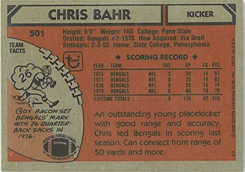 1980 Topps #501 Chris Bahr Back