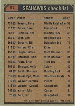1980 Topps #57 Sherman Smith / Steve Largent / Dave Brown / Manu Tuiasosopo Back
