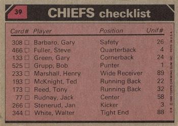 1980 Topps #39 Chiefs Team Leaders / Checklist (Ted McKnight / J.T. Smith / Gary Barbaro / Art Still) Back