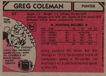 1980 Topps #97 Greg Coleman Back