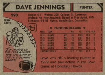 1980 Topps #290 Dave Jennings Back