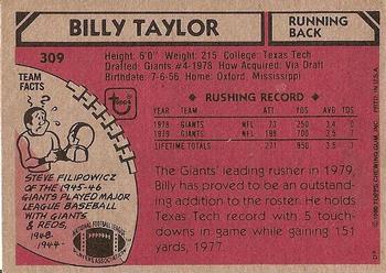 1980 Topps #309 Billy Taylor Back