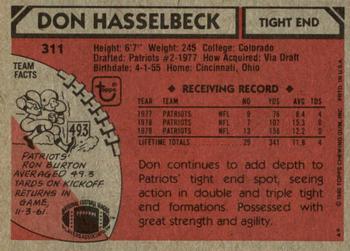 1980 Topps #311 Don Hasselbeck Back