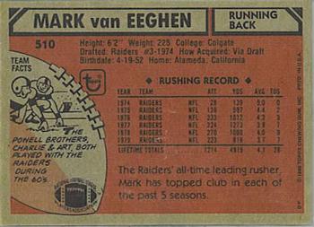 1980 Topps #510 Mark Van Eeghen Back