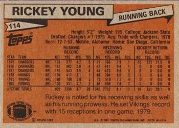 1981 Topps #114 Rickey Young Back