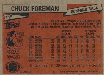 1981 Topps #119 Chuck Foreman Back