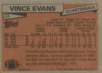 1981 Topps #11 Vince Evans Back