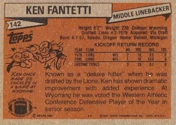 1981 Topps #142 Ken Fantetti Back