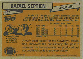 1981 Topps #157 Rafael Septien Back