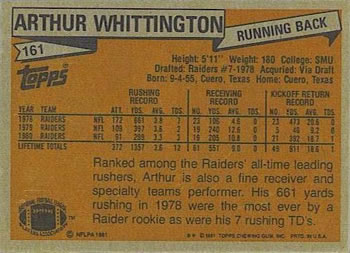 1981 Topps #161 Arthur Whittington Back
