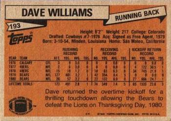 1981 Topps #193 Dave Williams Back