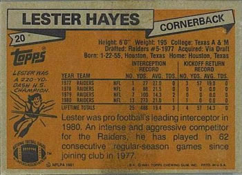 1981 Topps #20 Lester Hayes Back