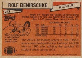 1981 Topps #242 Rolf Benirschke Back