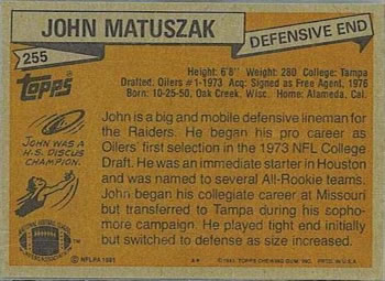 1981 Topps #255 John Matuszak Back