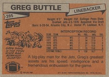 1981 Topps #285 Greg Buttle Back
