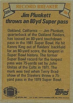 1981 Topps #335 Jim Plunkett Back