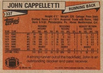 1981 Topps #337 John Cappelletti Back