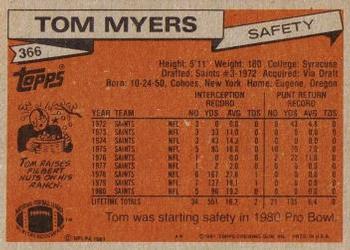 1981 Topps #366 Tom Myers Back