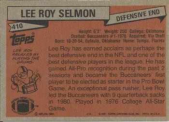 1981 Topps #410 Lee Roy Selmon Back