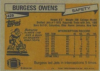 1981 Topps #429 Burgess Owens Back