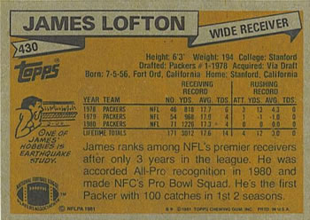 1981 Topps #430 James Lofton Back