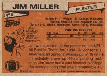 1981 Topps #453 Jim Miller Back