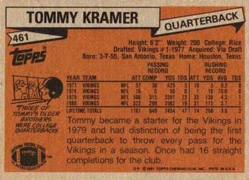 1981 Topps #461 Tommy Kramer Back