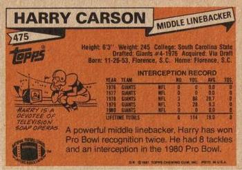 1981 Topps #475 Harry Carson Back