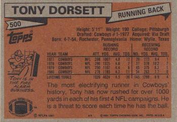1981 Topps #500 Tony Dorsett Back
