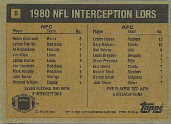 1981 Topps #5 1980 Interception Leaders (Nolan Cromwell / Lester Hayes) Back
