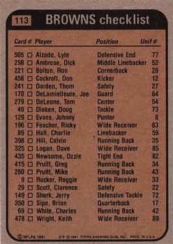 1981 Topps #113 Mike Pruitt / Dave Logan / Ron Bolton / Lyle Alzado Back
