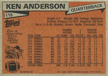 1981 Topps #115 Ken Anderson Back
