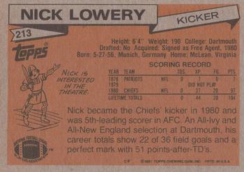1981 Topps #213 Nick Lowery Back
