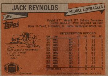 1981 Topps #369 Jack Reynolds Back